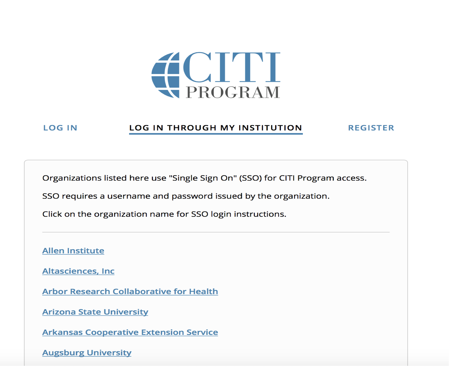 Screen Shot of Citi Program Login Page